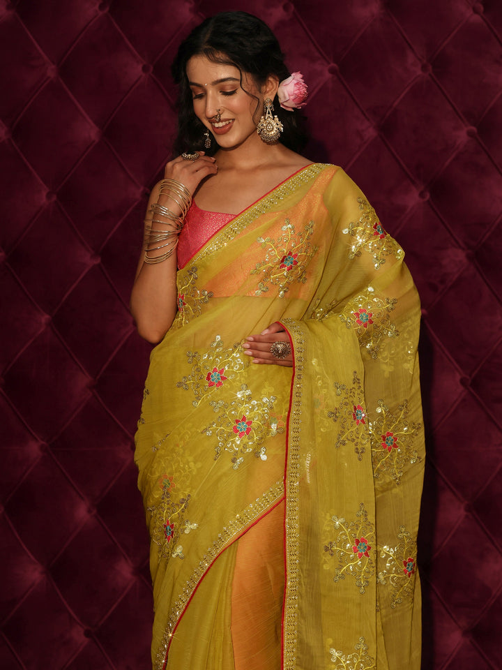 Libas Mustard Floral Sequin Embellished Organza Saree