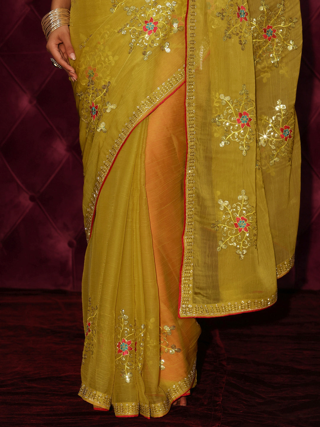 Libas Mustard Floral Sequin Embellished Organza Saree