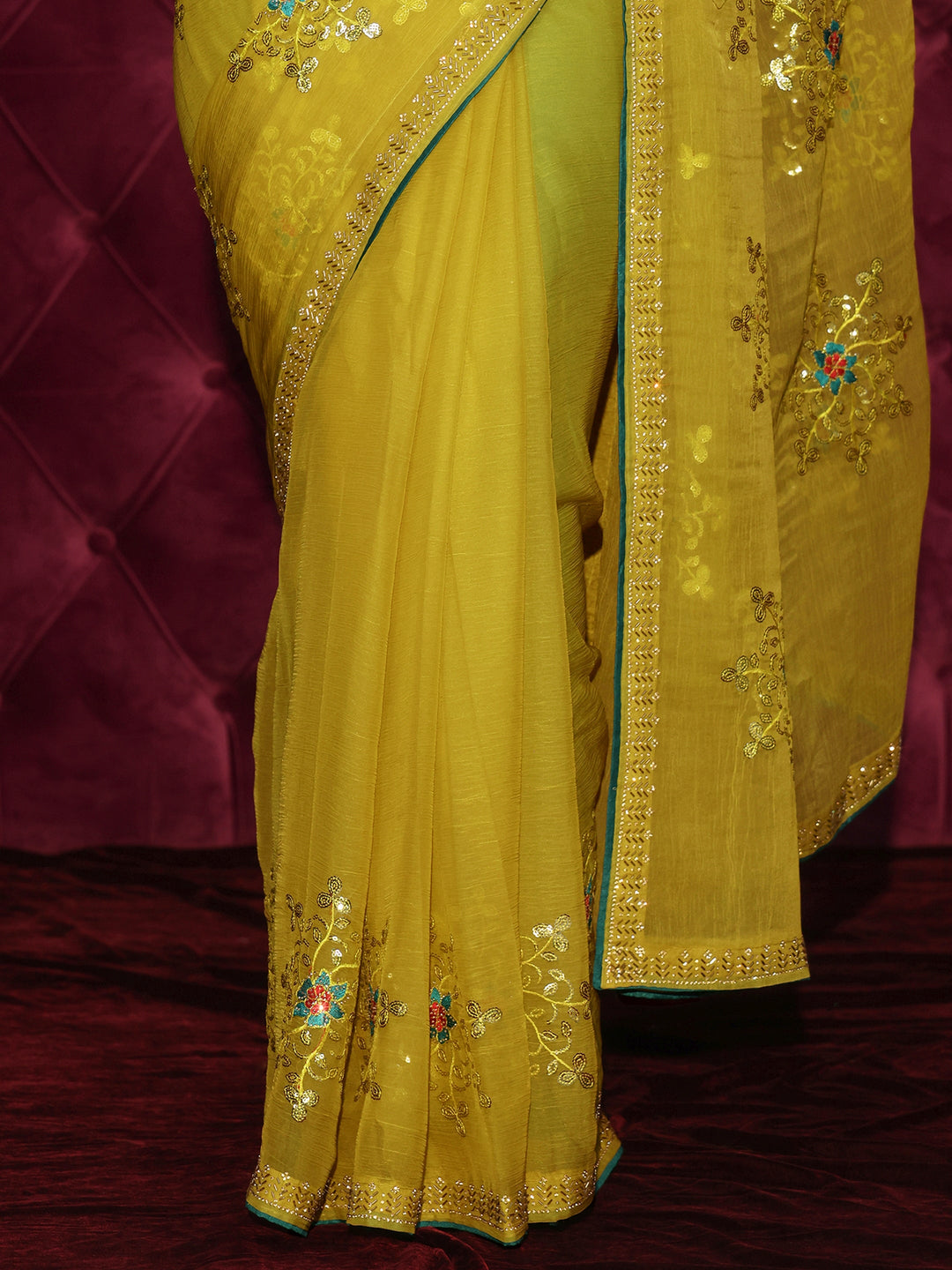 Libas Mustard Floral Sequin Embellished Organza Saree