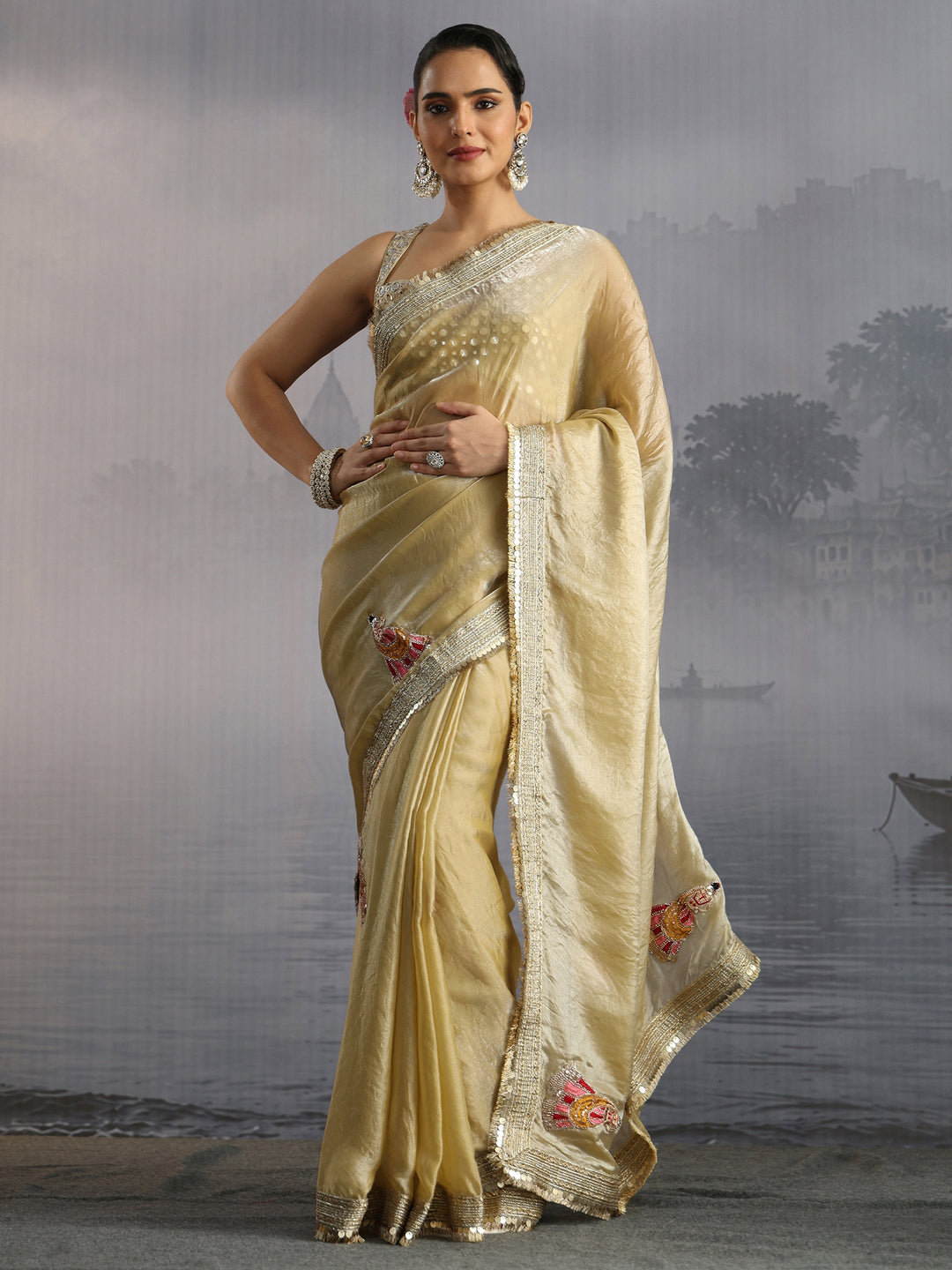 Libas Green Tissue Saree with Gota Border