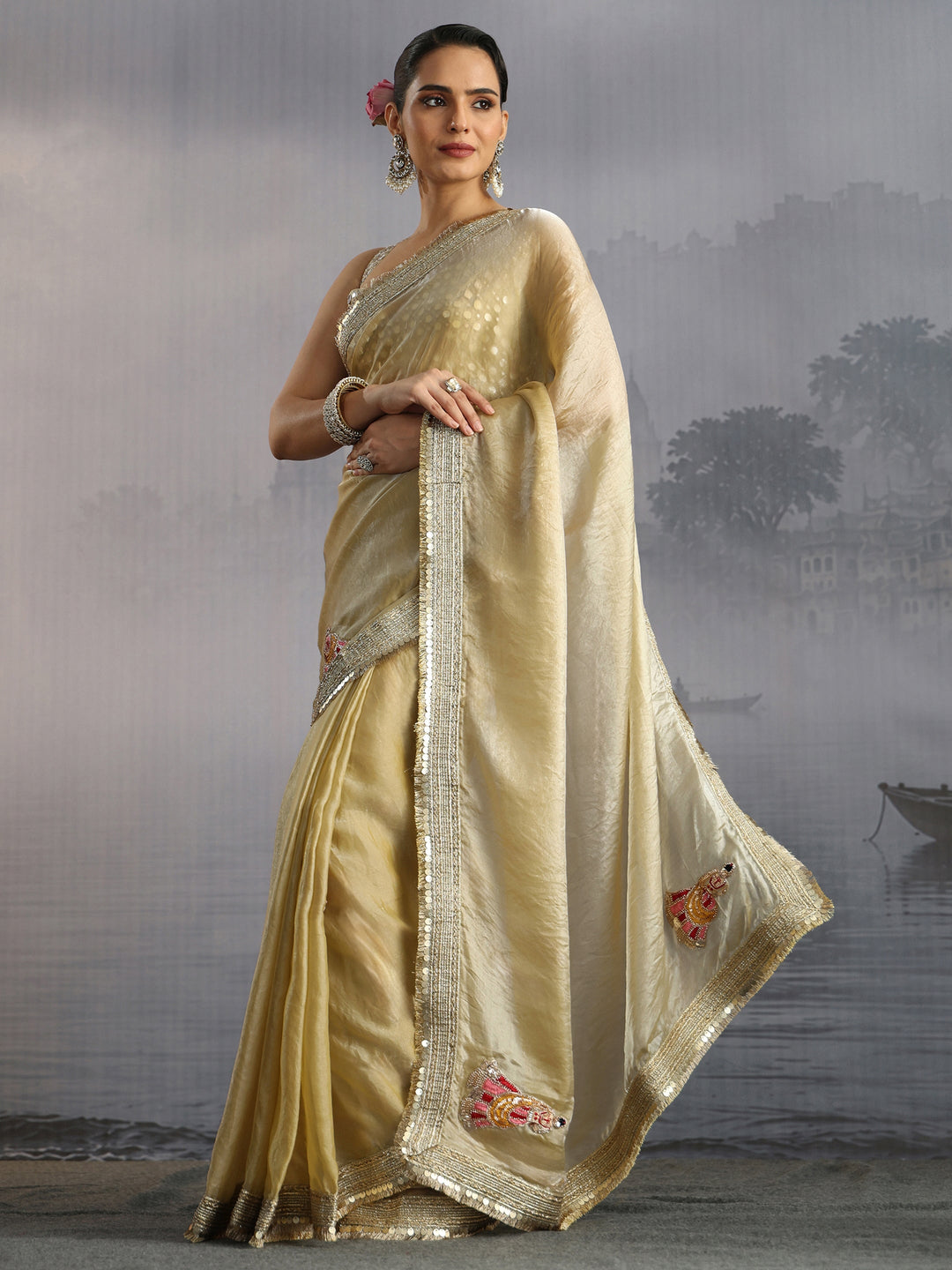 Libas Green Tissue Saree with Gota Border