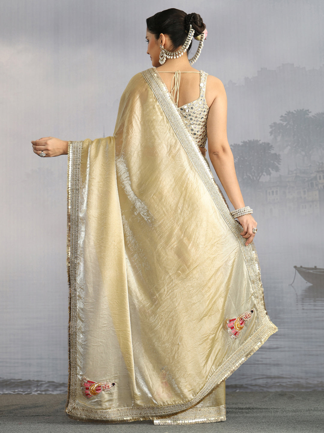 Libas Green Tissue Saree with Gota Border