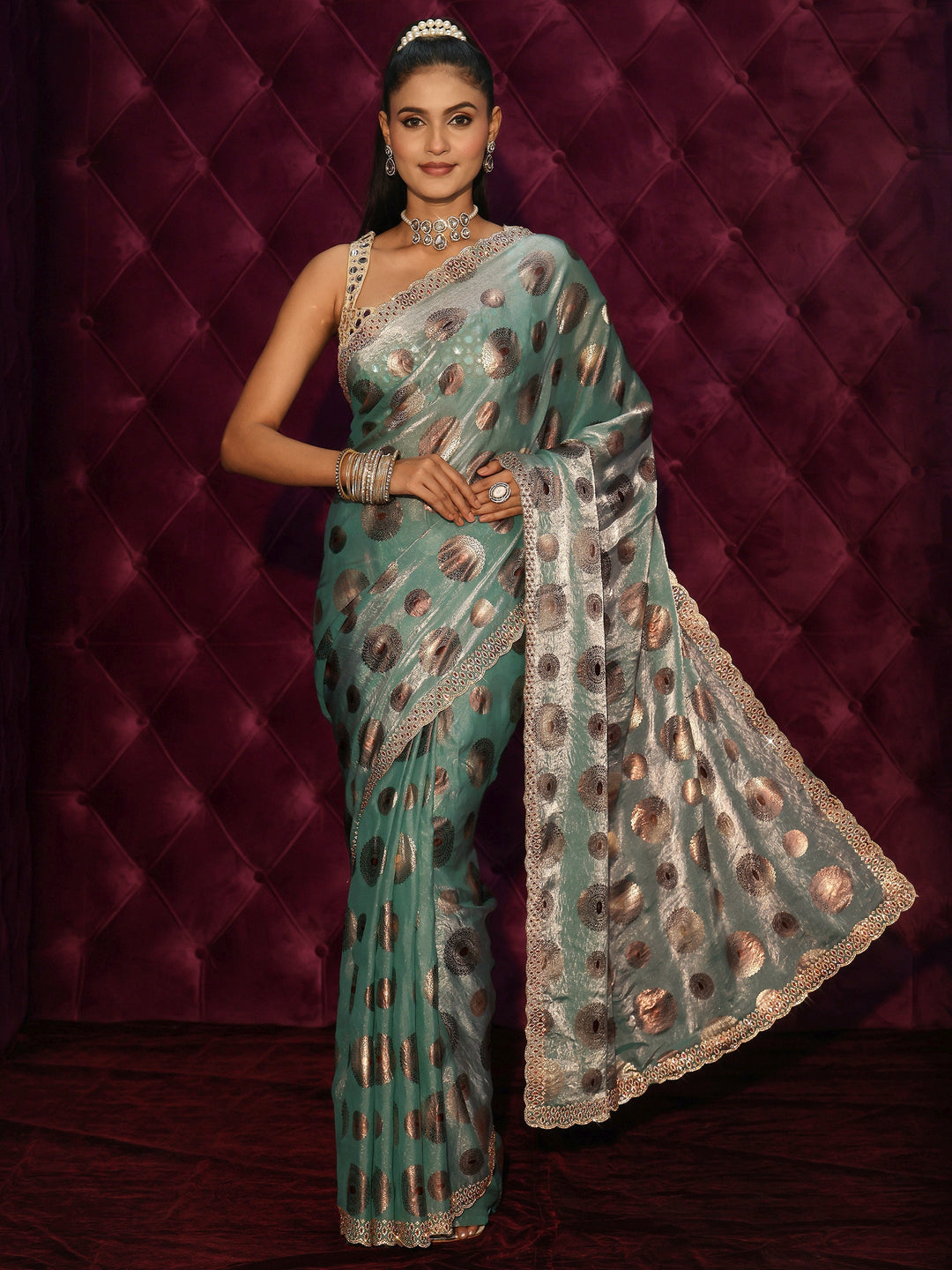 Libas Blue Foil Printed Tissue Saree with Embellished Border