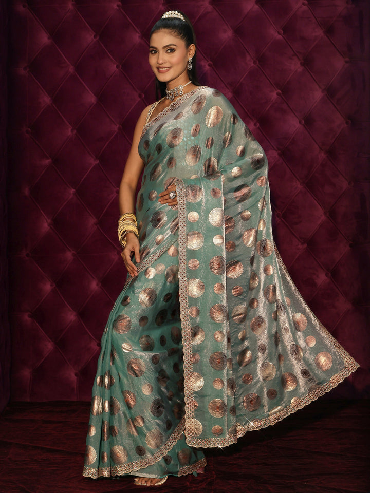Libas Blue Foil Printed Tissue Saree with Embellished Border