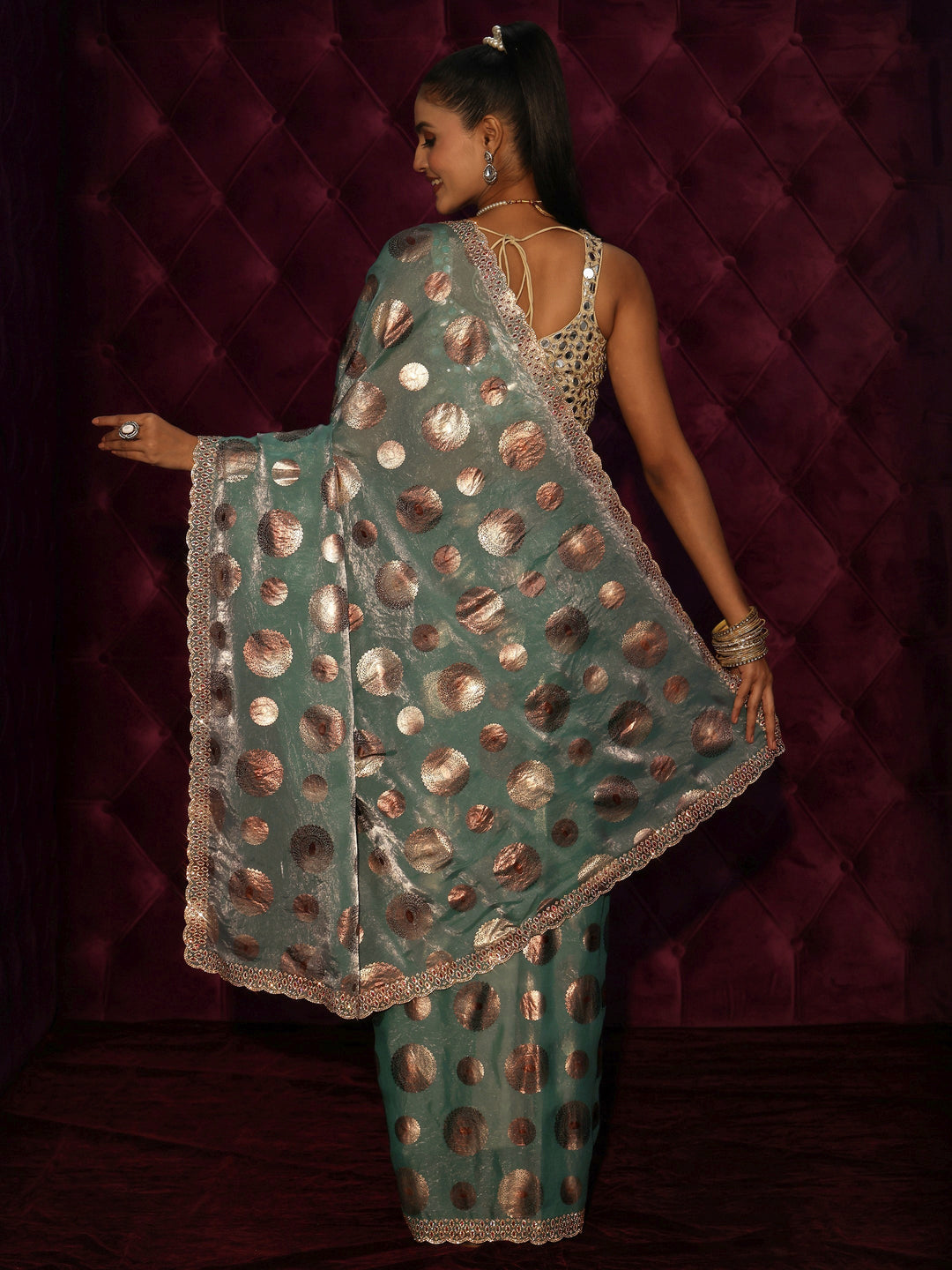Libas Blue Foil Printed Tissue Saree with Embellished Border
