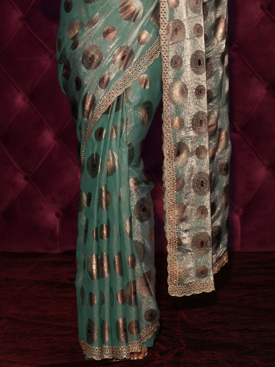 Libas Blue Foil Printed Tissue Saree with Embellished Border