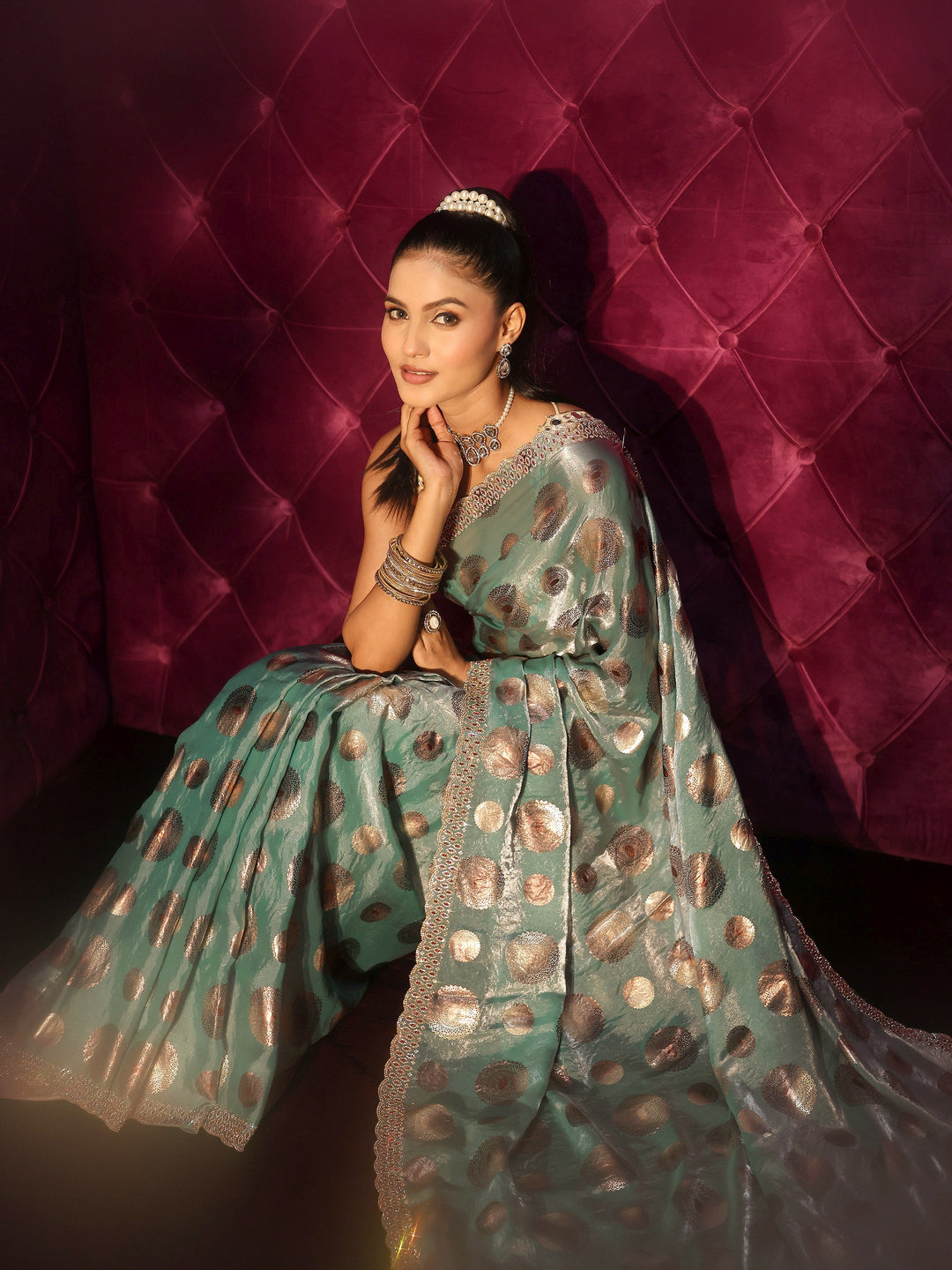 Libas Blue Foil Printed Tissue Saree with Embellished Border