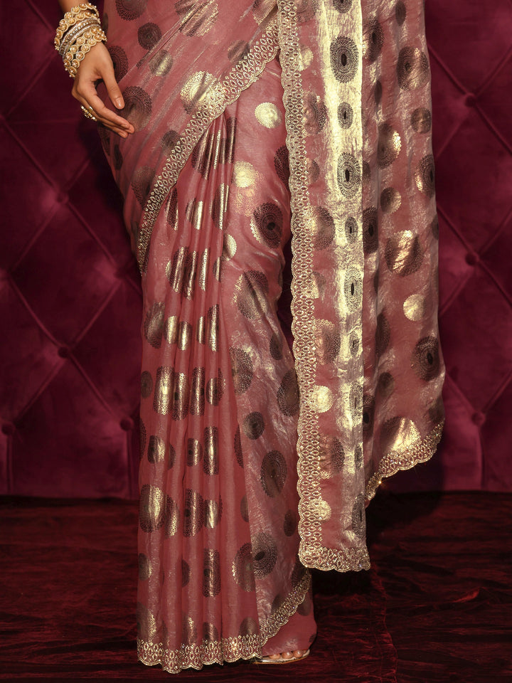 Libas Dusty Pink Foil Printed Tissue Saree with Embellished Border