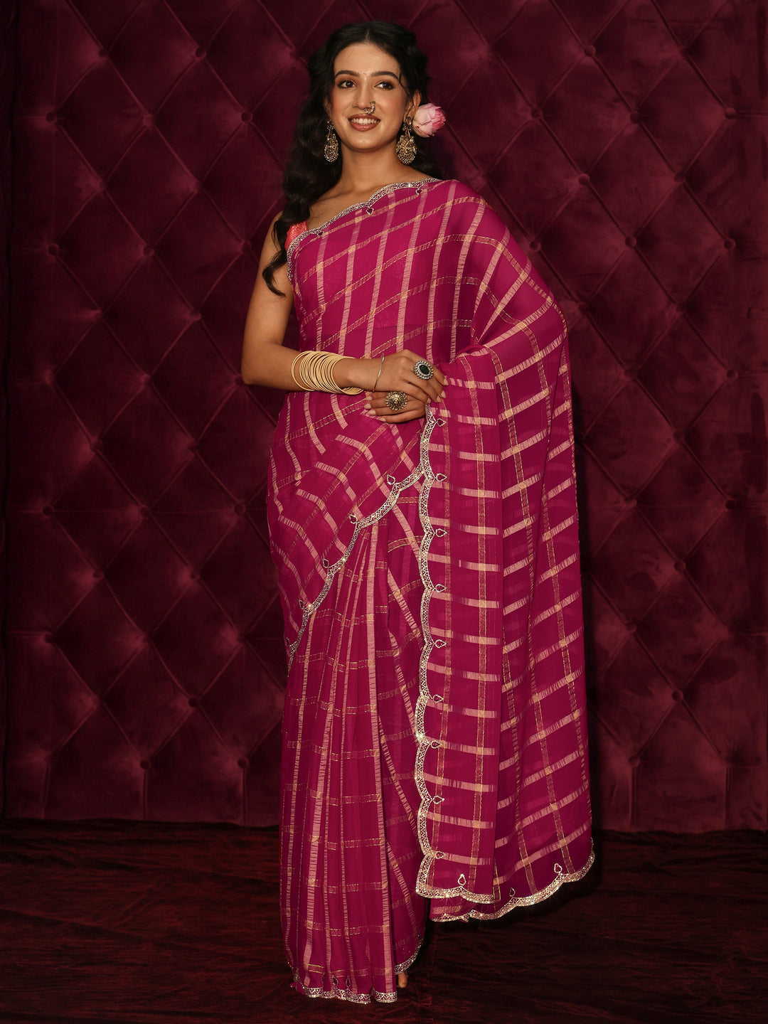 Libas Pink Checkered Chiffon Saree with Embellished Scalloped Border