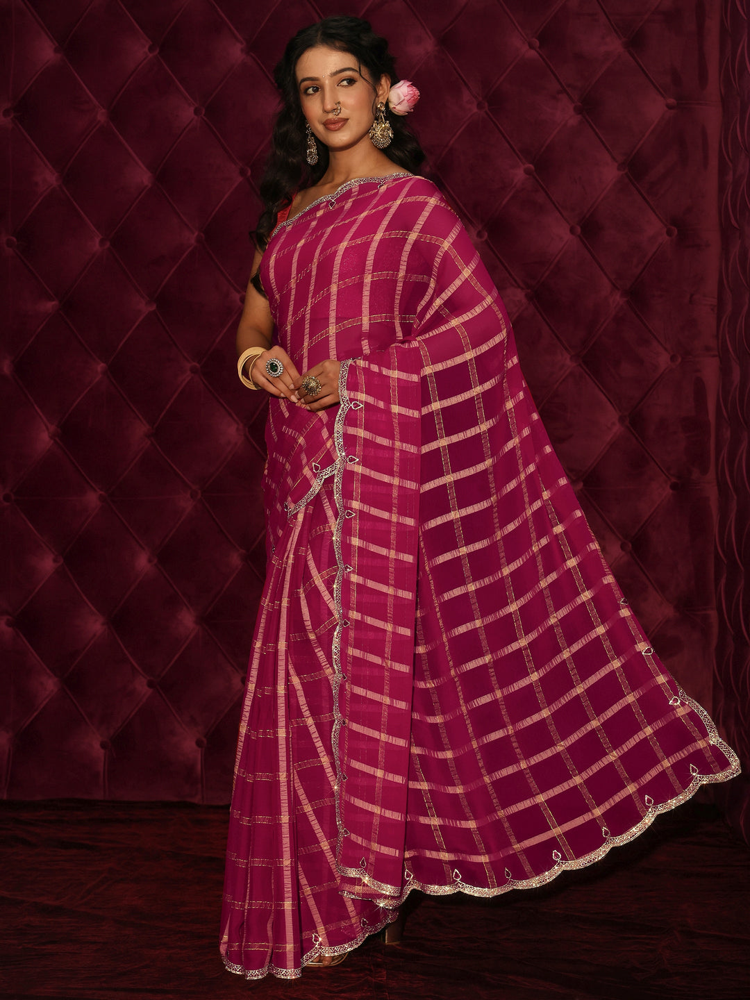 Libas Pink Checkered Chiffon Saree with Embellished Scalloped Border