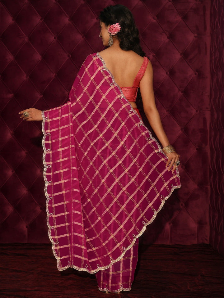 Libas Pink Checkered Chiffon Saree with Embellished Scalloped Border