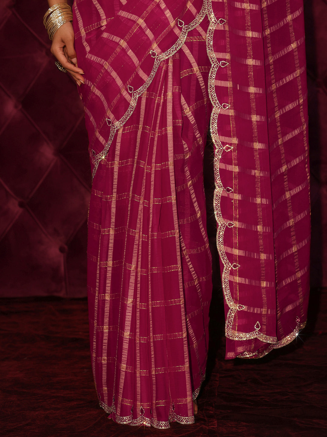 Libas Pink Checkered Chiffon Saree with Embellished Scalloped Border