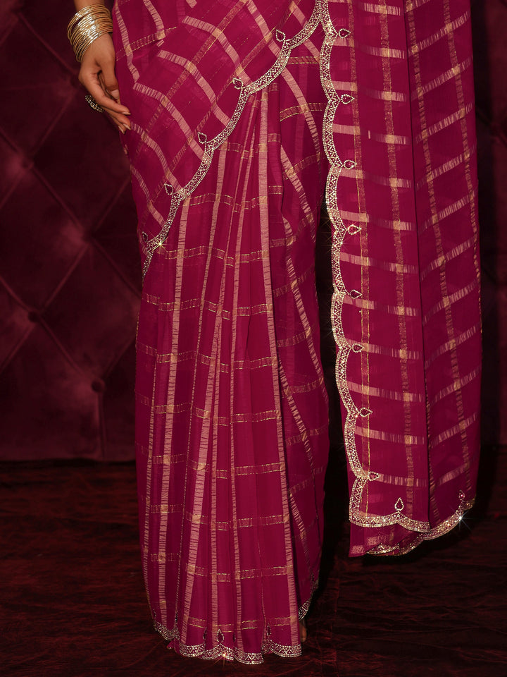 Libas Pink Checkered Chiffon Saree with Embellished Scalloped Border