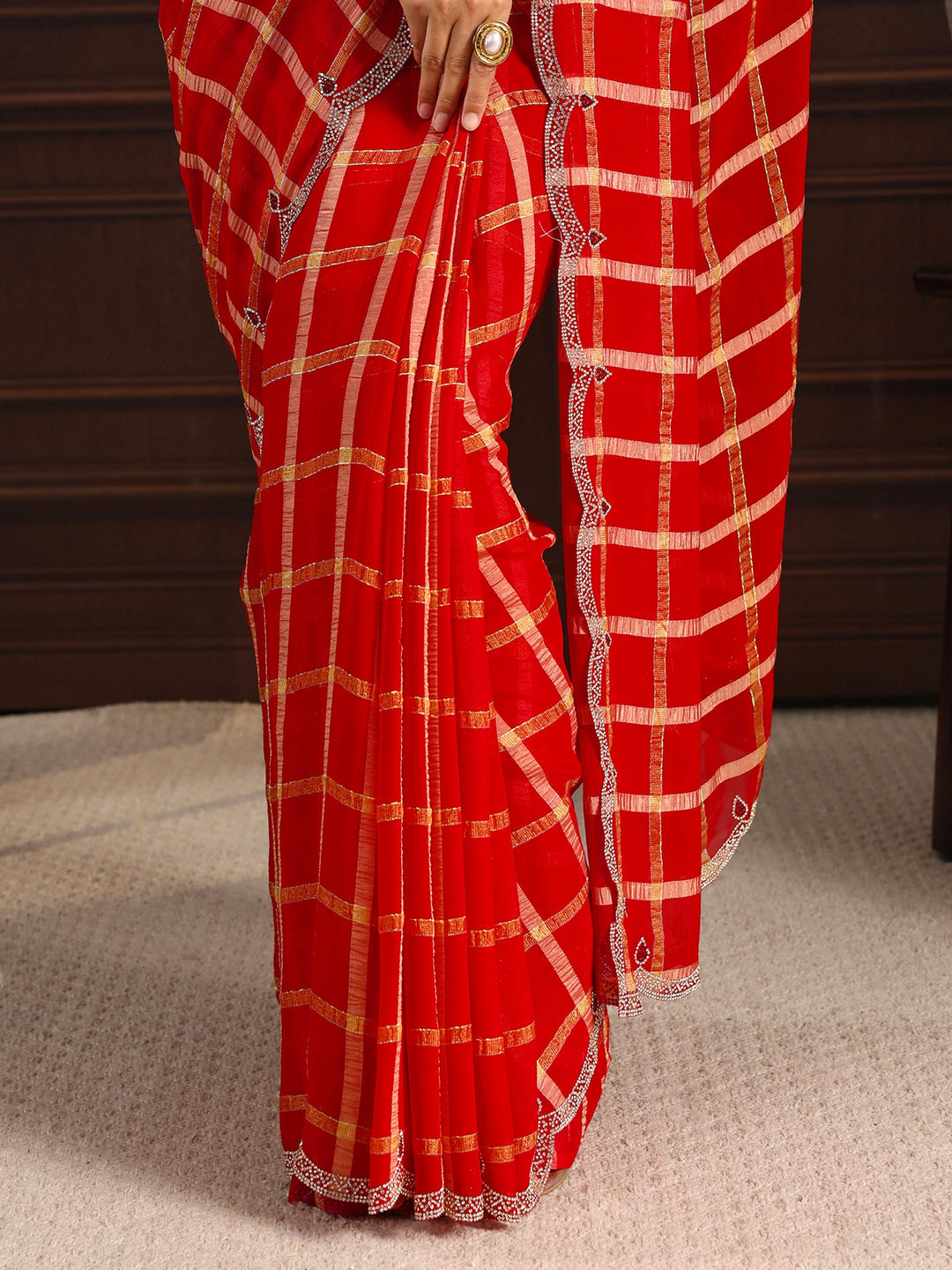 Libas Red Checkered Chiffon Saree