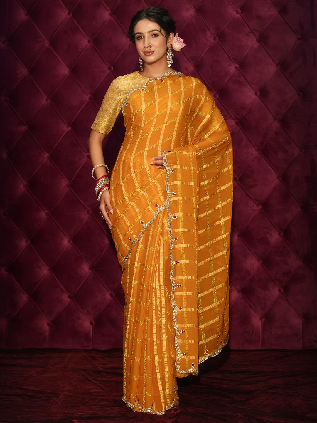 Libas Mustard Checkered Chiffon Saree with Embellished Scalloped Border