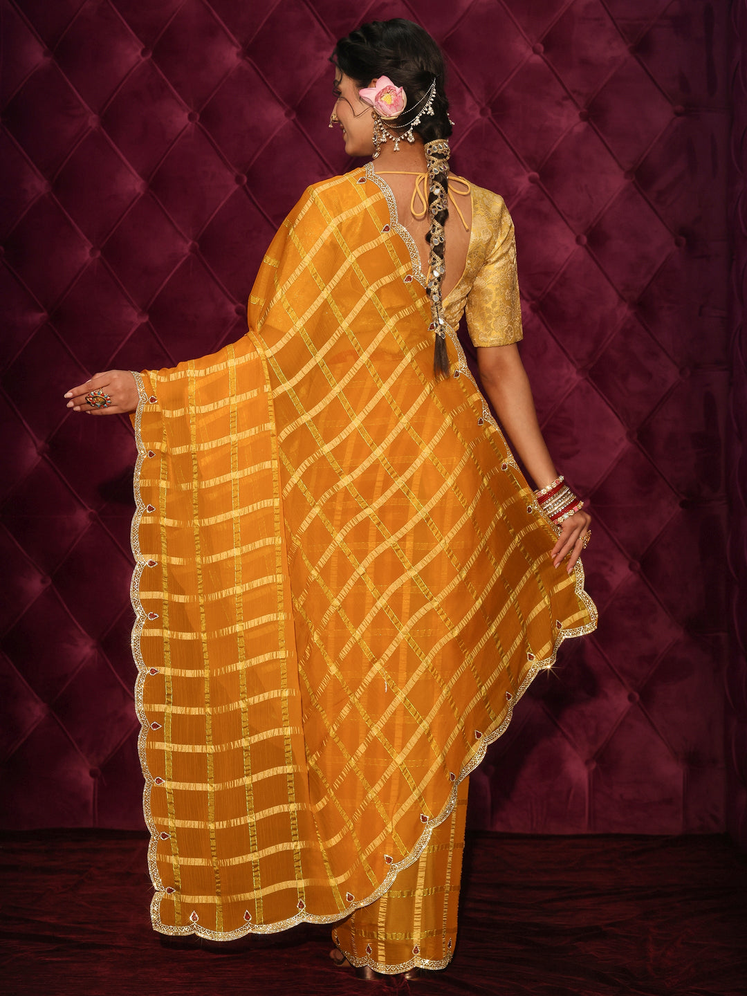 Libas Mustard Checkered Chiffon Saree with Embellished Scalloped Border