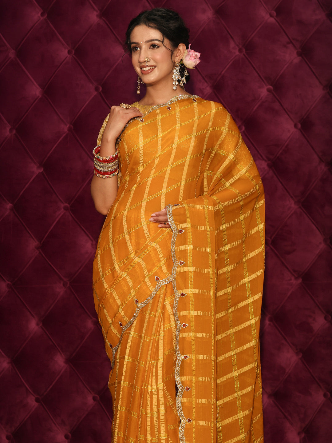 Libas Mustard Checkered Chiffon Saree with Embellished Scalloped Border