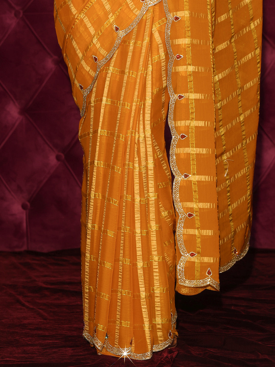 Libas Mustard Checkered Chiffon Saree with Embellished Scalloped Border