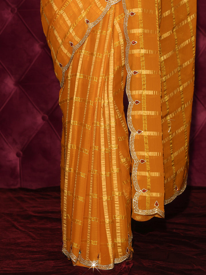 Libas Mustard Checkered Chiffon Saree with Embellished Scalloped Border