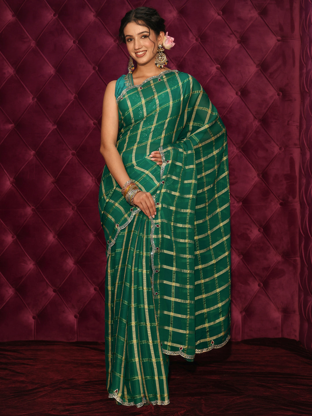 Libas Green Checkered Chiffon Saree with Embellished Scalloped Border