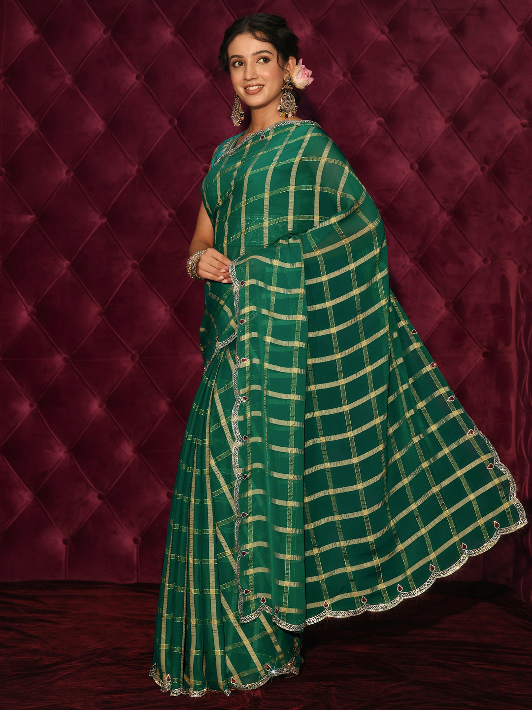 Libas Green Checkered Chiffon Saree with Embellished Scalloped Border
