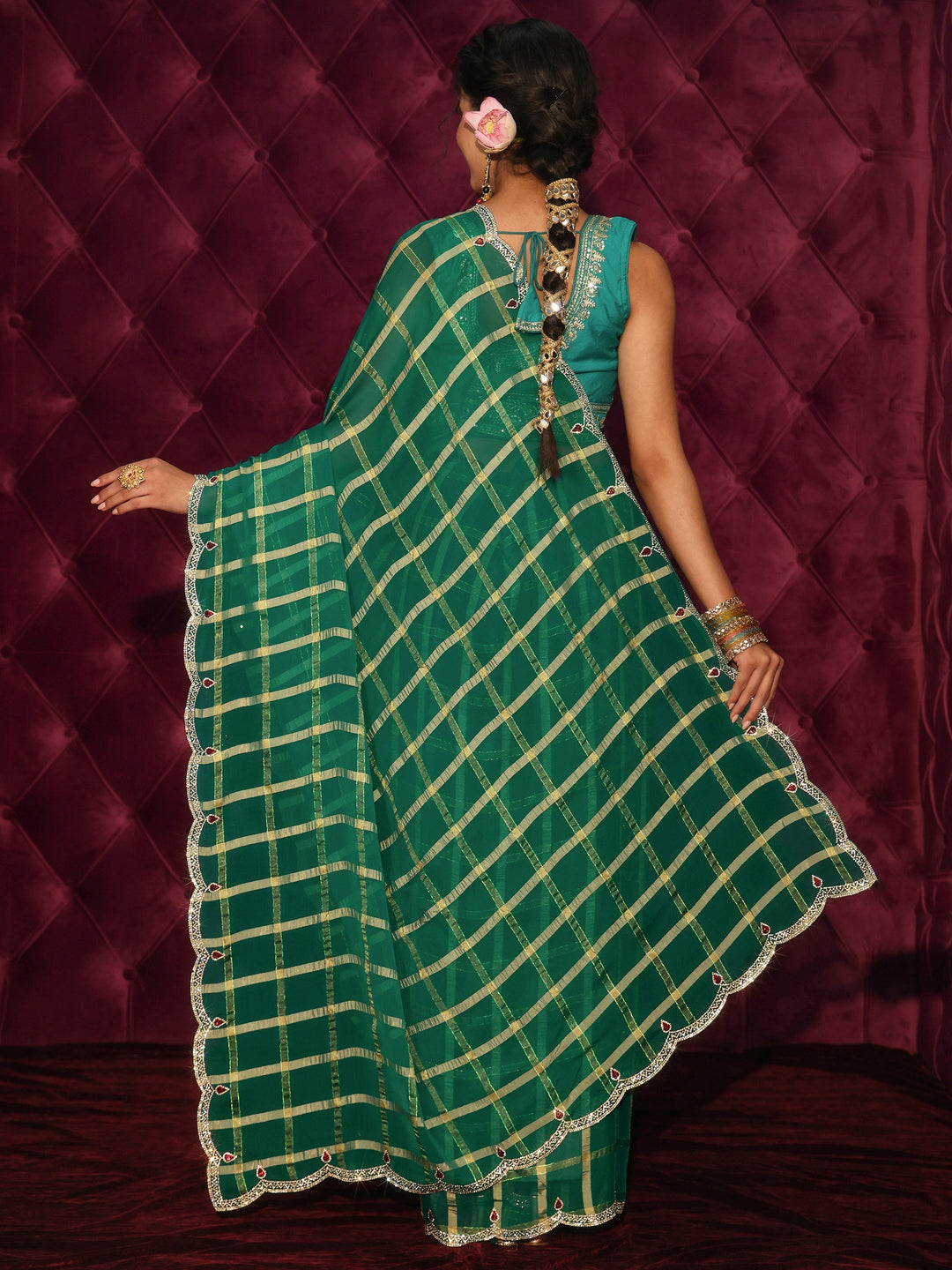 Libas Green Checkered Chiffon Saree with Embellished Scalloped Border