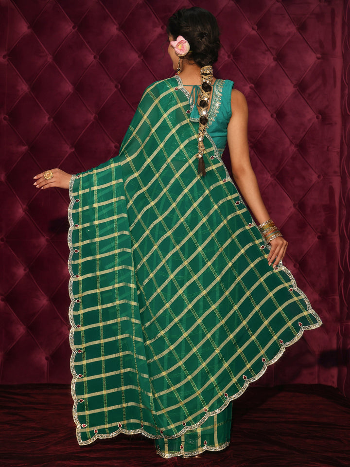 Libas Green Checkered Chiffon Saree with Embellished Scalloped Border