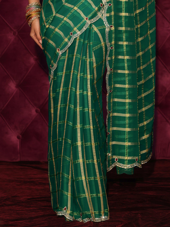 Libas Green Checkered Chiffon Saree with Embellished Scalloped Border