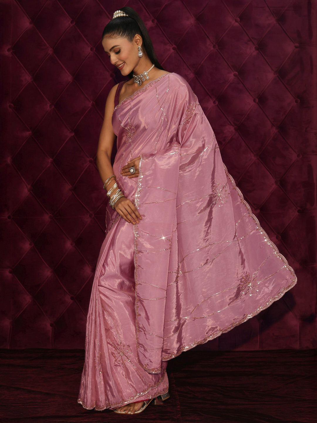 Libas Lilac Floral Sequin Embellished Satin Saree