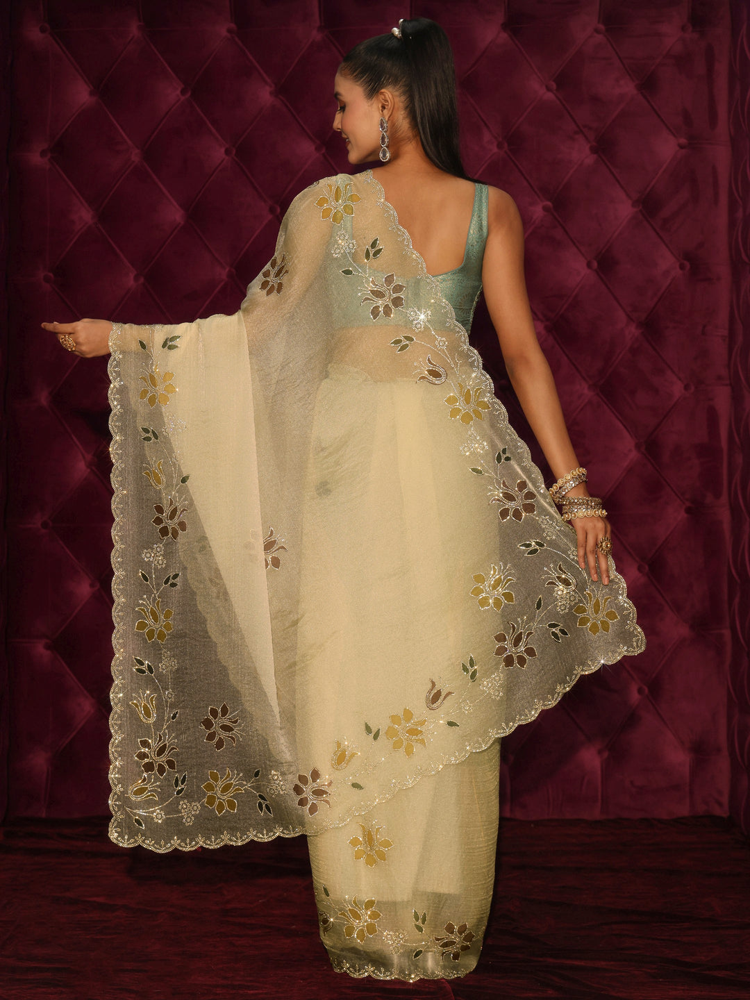 Libas Green Floral Stone Work Embellished Tissue Saree