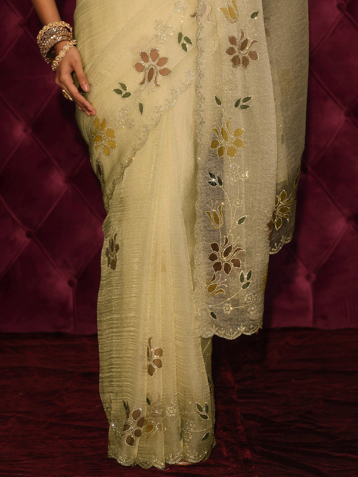 Libas Green Floral Stone Work Embellished Tissue Saree