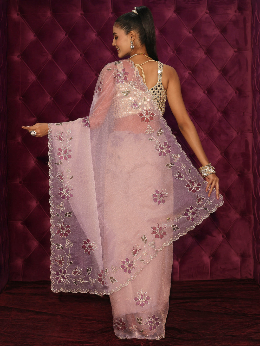 Libas Lavender Floral Stone Work Embellished Tissue Saree