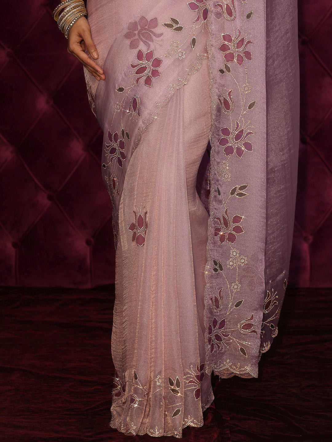 Libas Lavender Floral Stone Work Embellished Tissue Saree