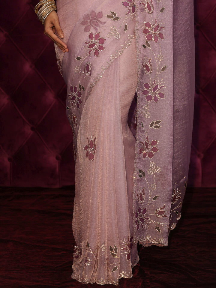 Libas Lavender Floral Stone Work Embellished Tissue Saree