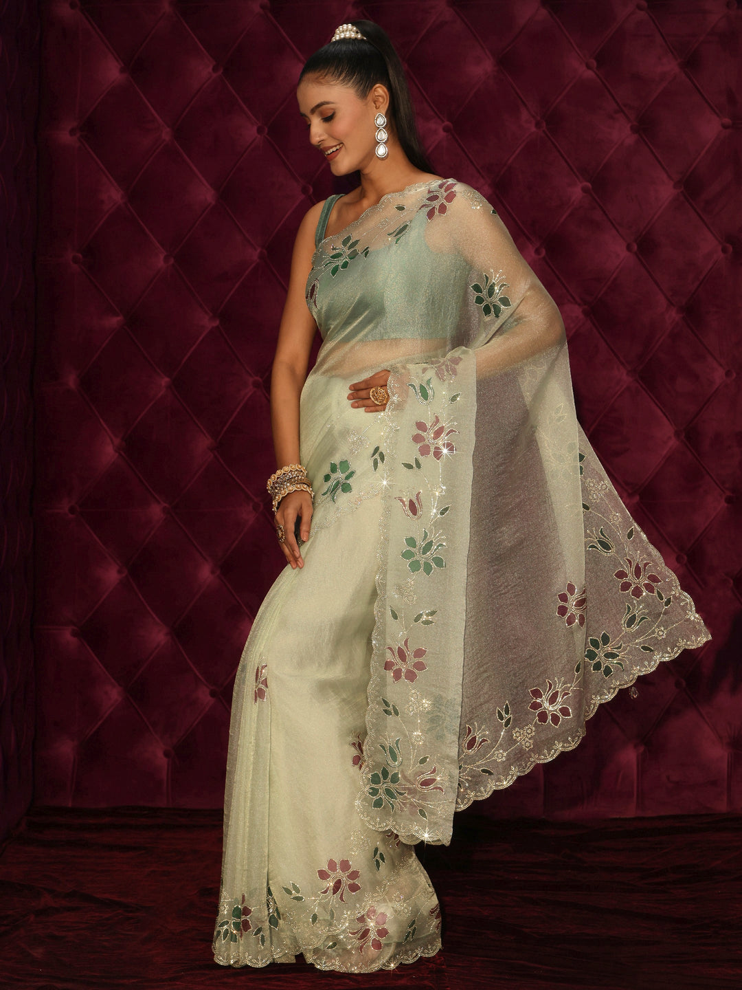 Libas Green Floral Stone Work Embellished Tissue Saree