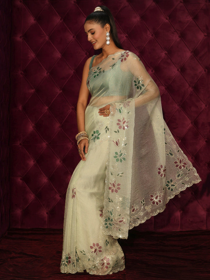 Libas Green Floral Stone Work Embellished Tissue Saree