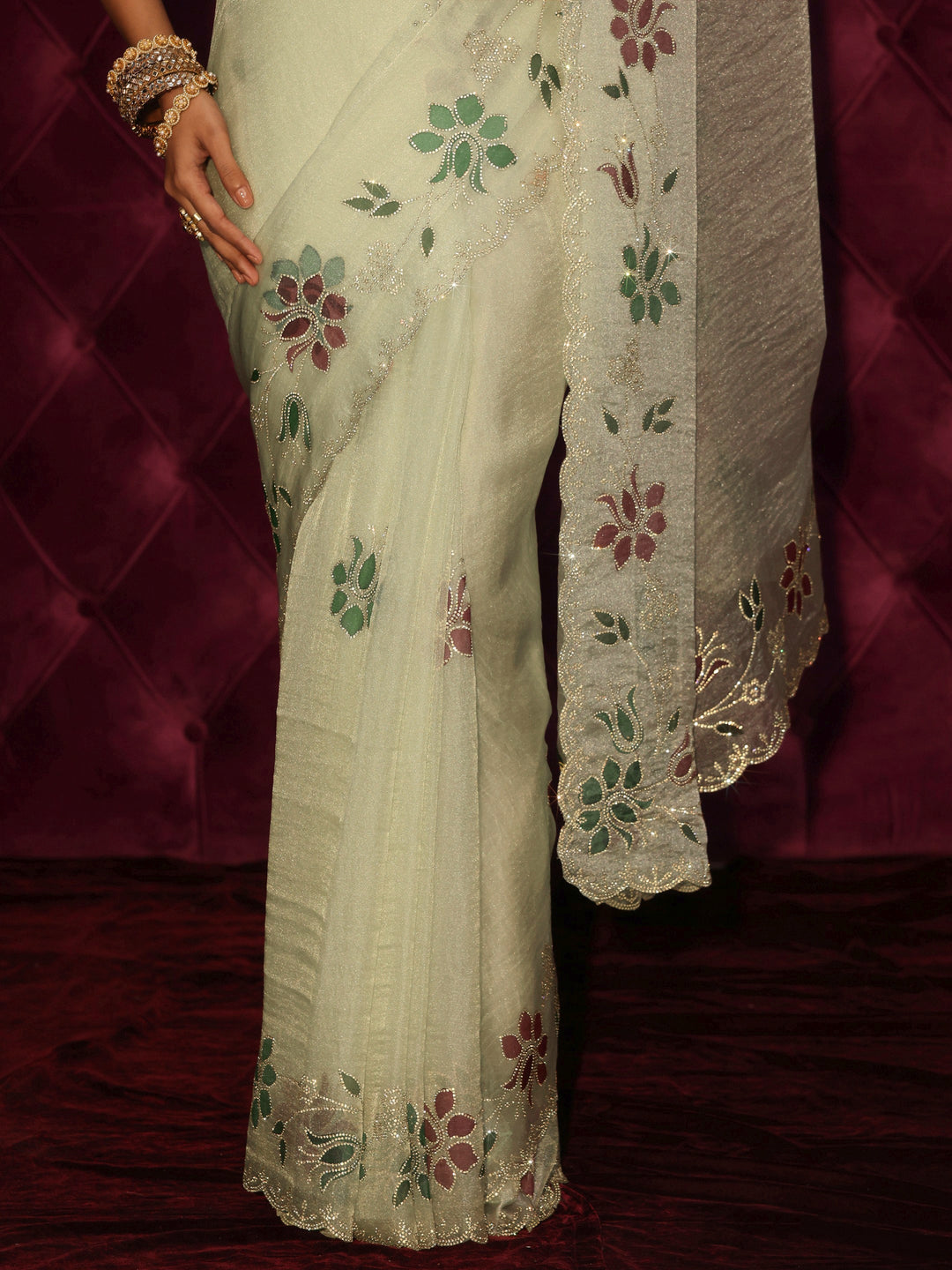 Libas Green Floral Stone Work Embellished Tissue Saree