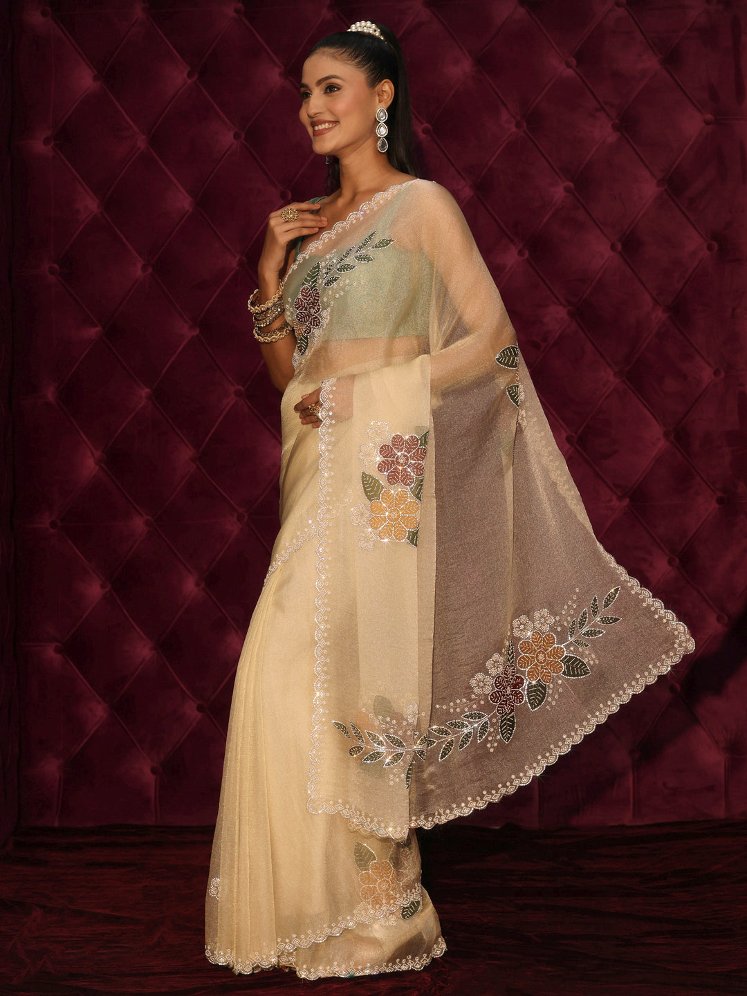 Libas Off White Floral Embellished Tissue Saree with Scalloped Border
