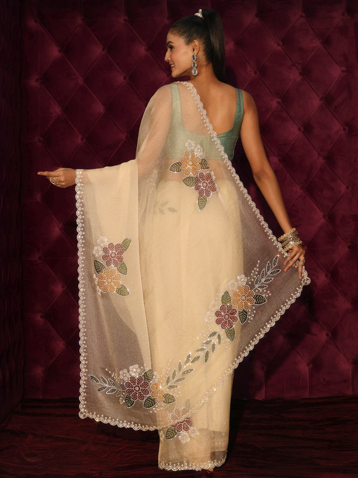 Libas Off White Floral Embellished Tissue Saree with Scalloped Border