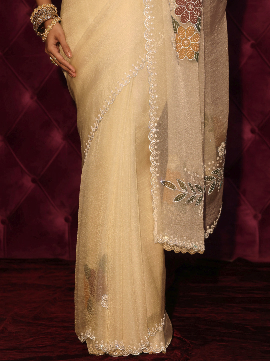 Libas Off White Floral Embellished Tissue Saree with Scalloped Border