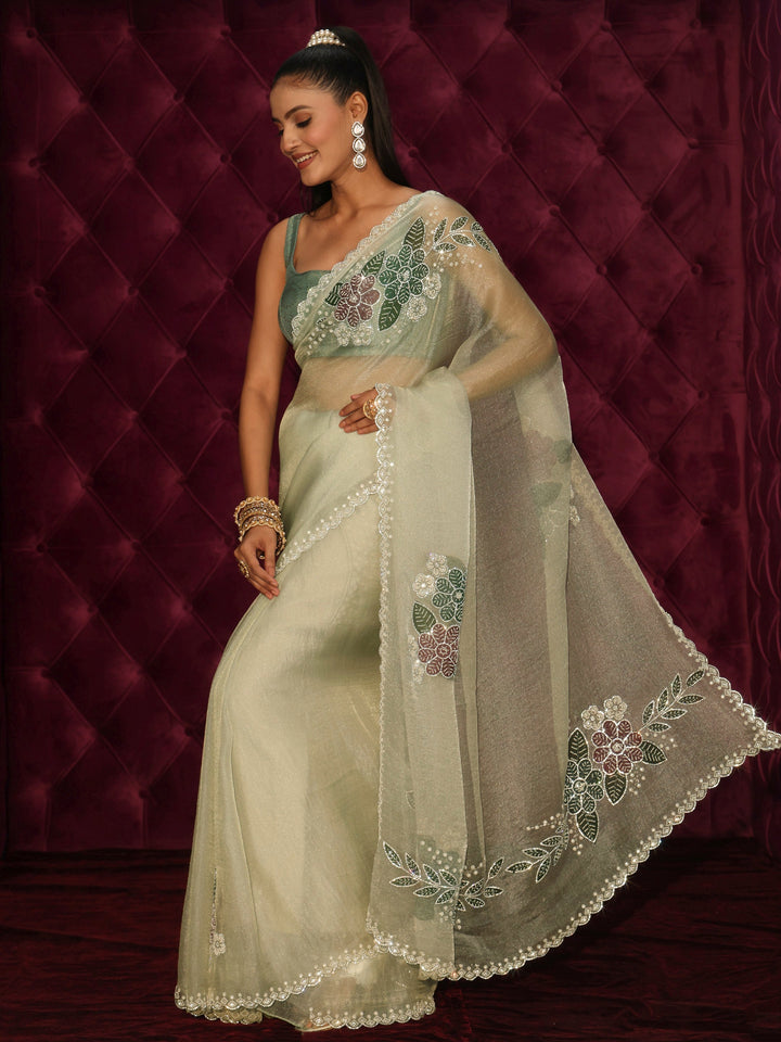 Libas Green Floral Embellished Tissue Saree with Scalloped Border