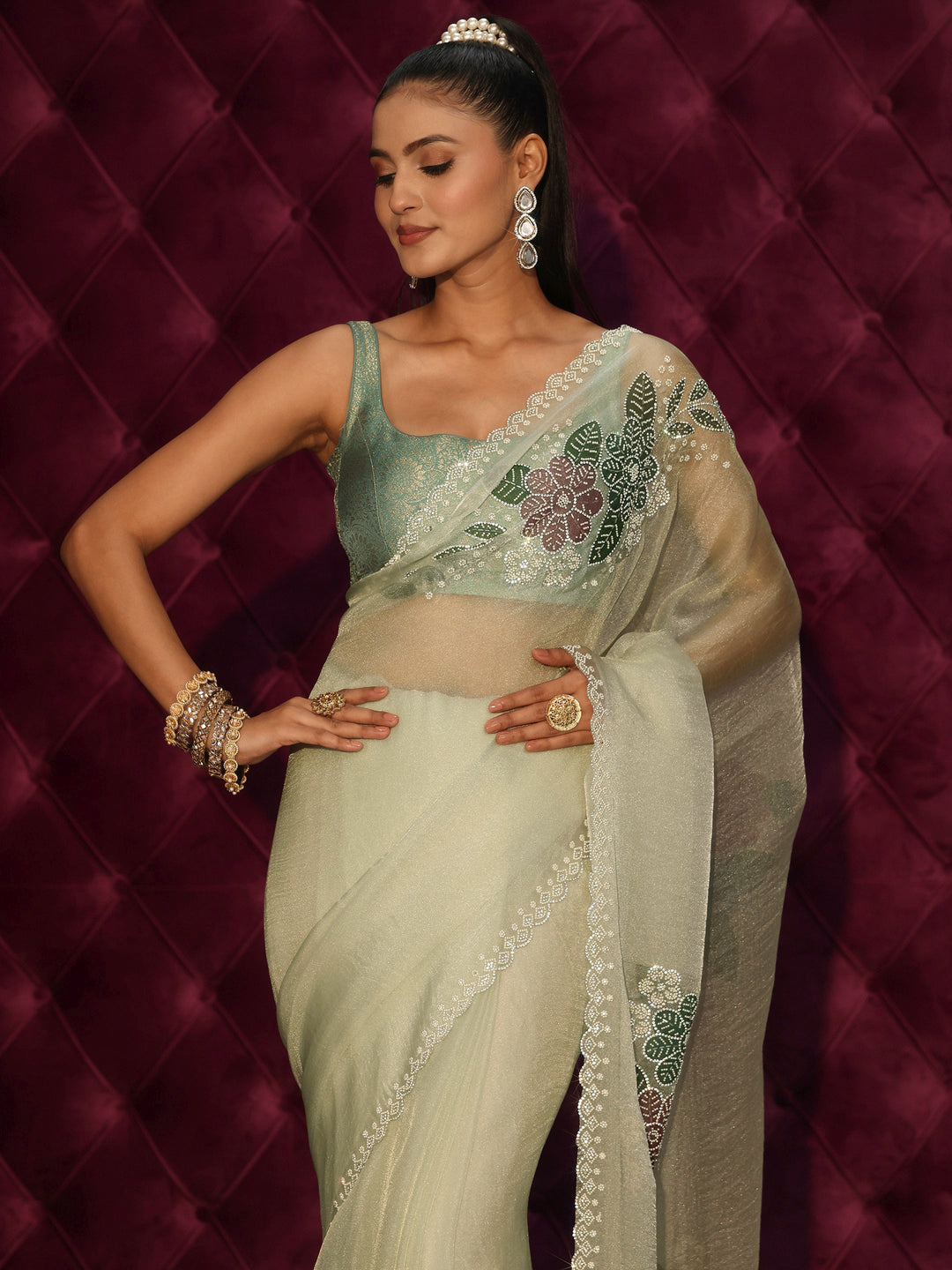 Libas Green Floral Embellished Tissue Saree with Scalloped Border