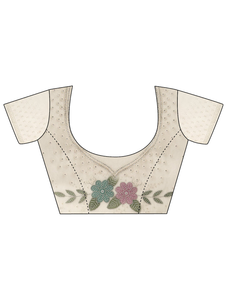 Libas Green Floral Embellished Tissue Saree with Scalloped Border