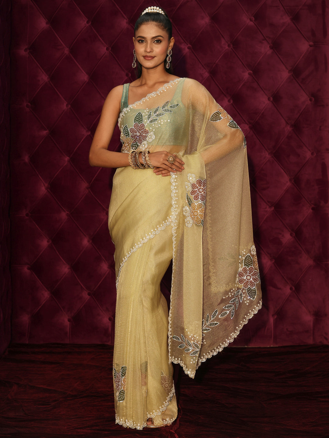 Libas Yellow Floral Embellished Tissue Saree with Scalloped Border