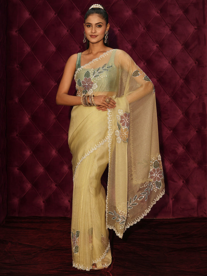 Libas Yellow Floral Embellished Tissue Saree with Scalloped Border