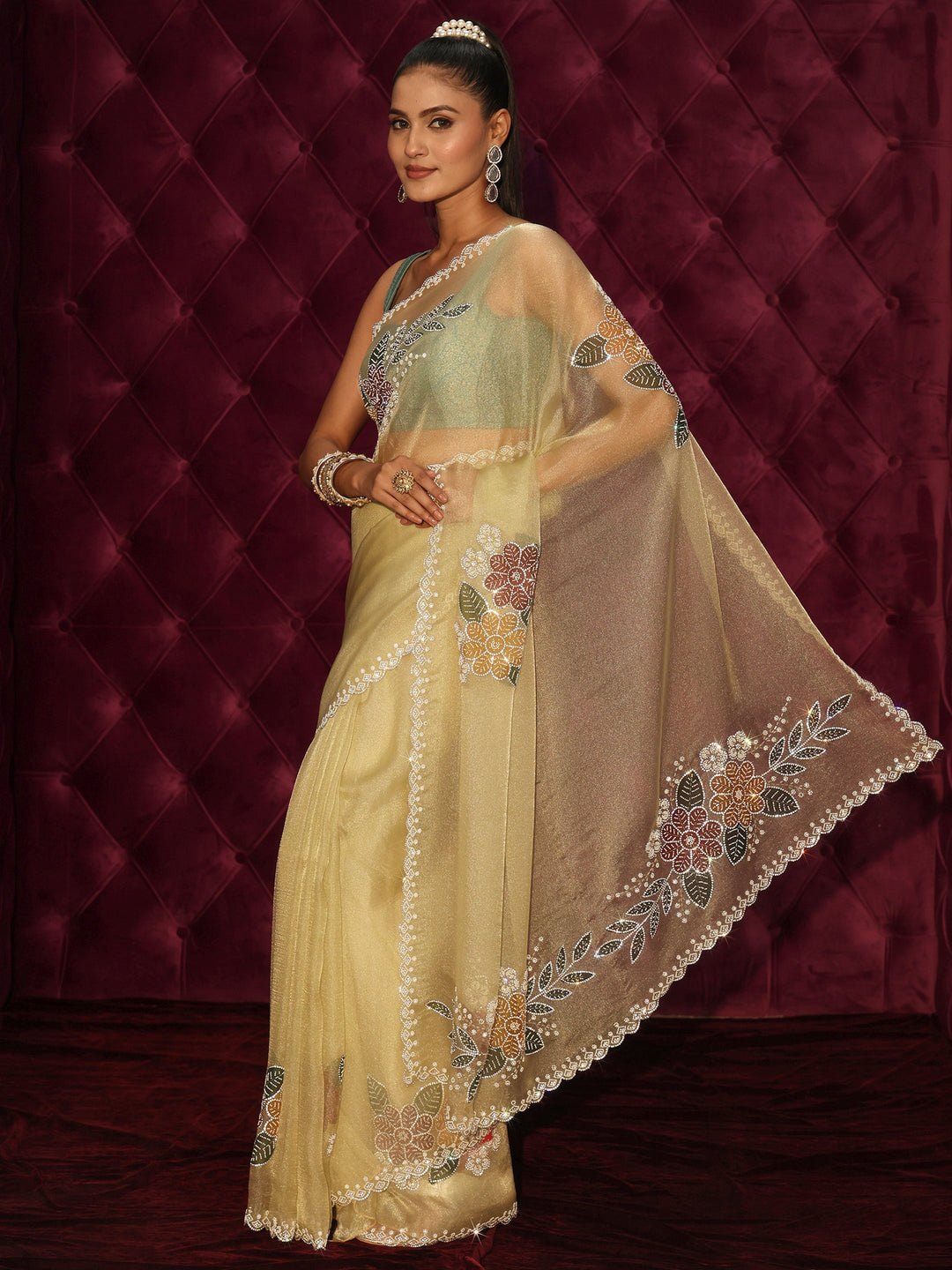 Libas Yellow Floral Embellished Tissue Saree with Scalloped Border