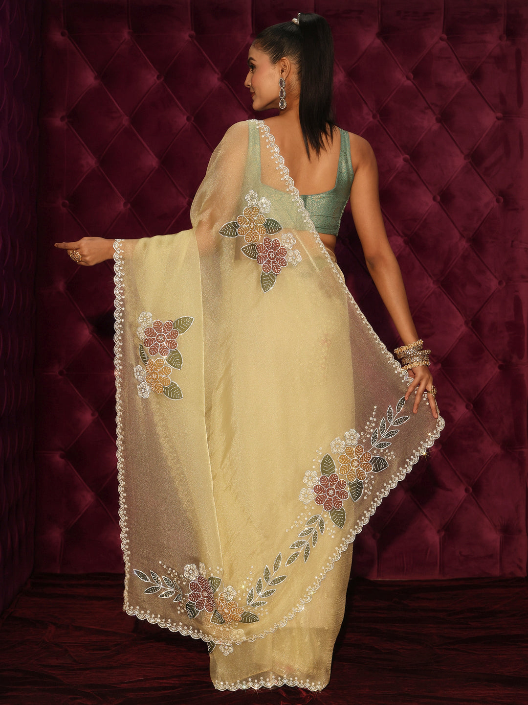 Libas Yellow Floral Embellished Tissue Saree with Scalloped Border
