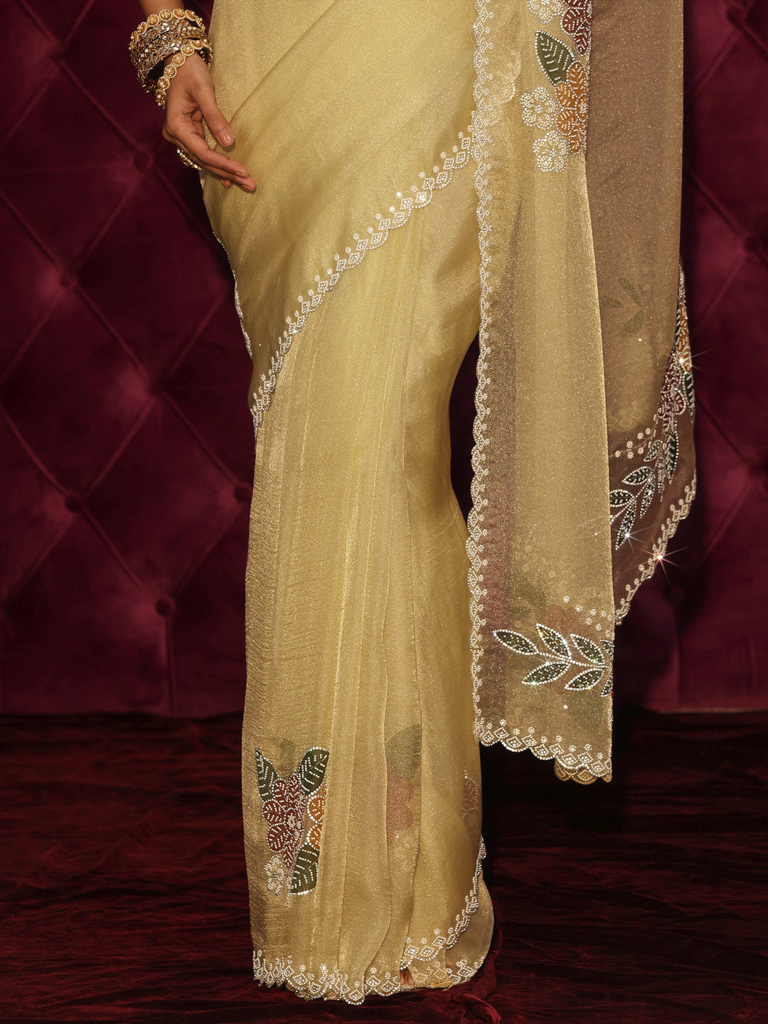 Libas Yellow Floral Embellished Tissue Saree with Scalloped Border