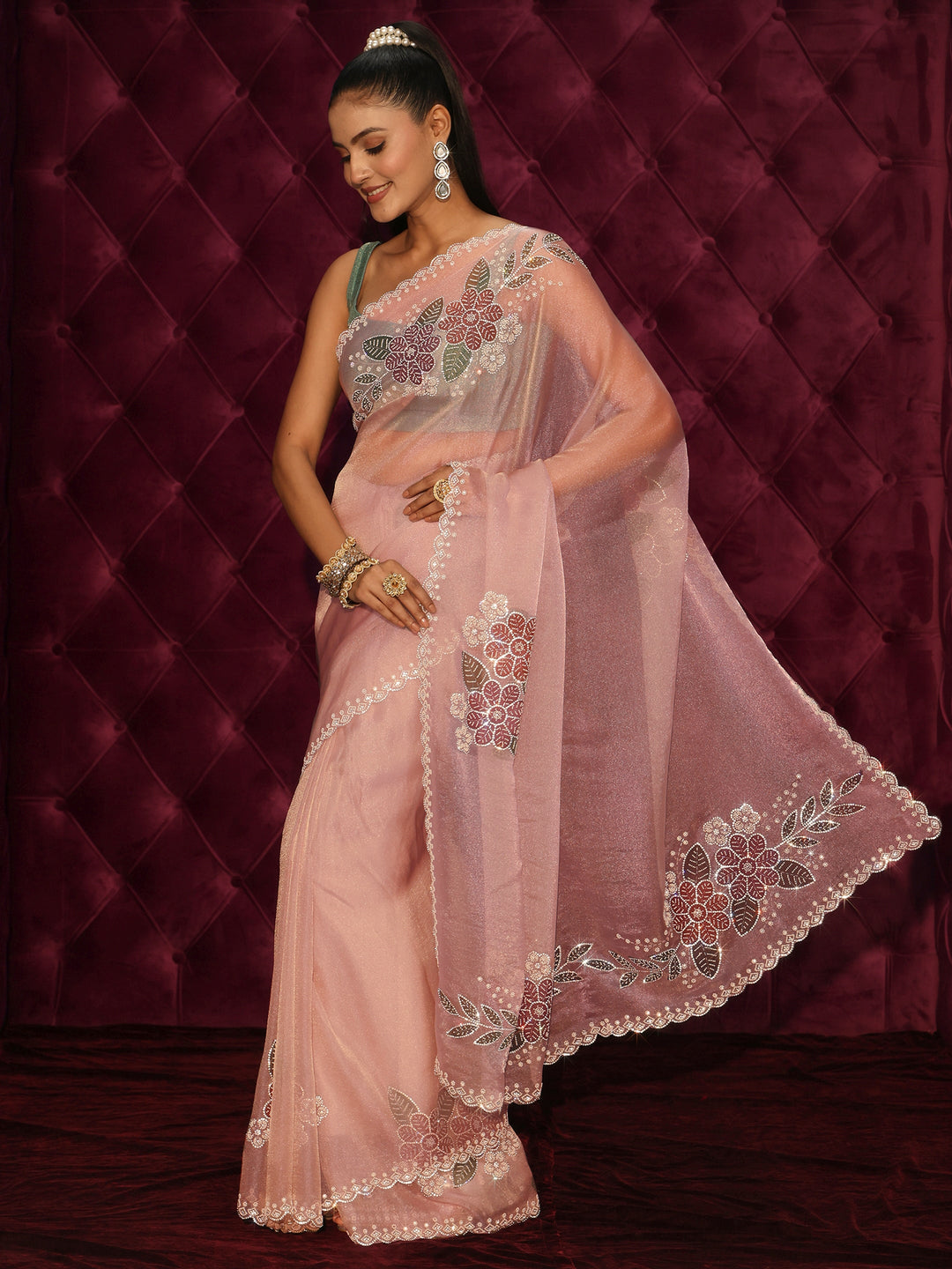 Libas Peach Floral Embellished Tissue Saree with Scalloped Border