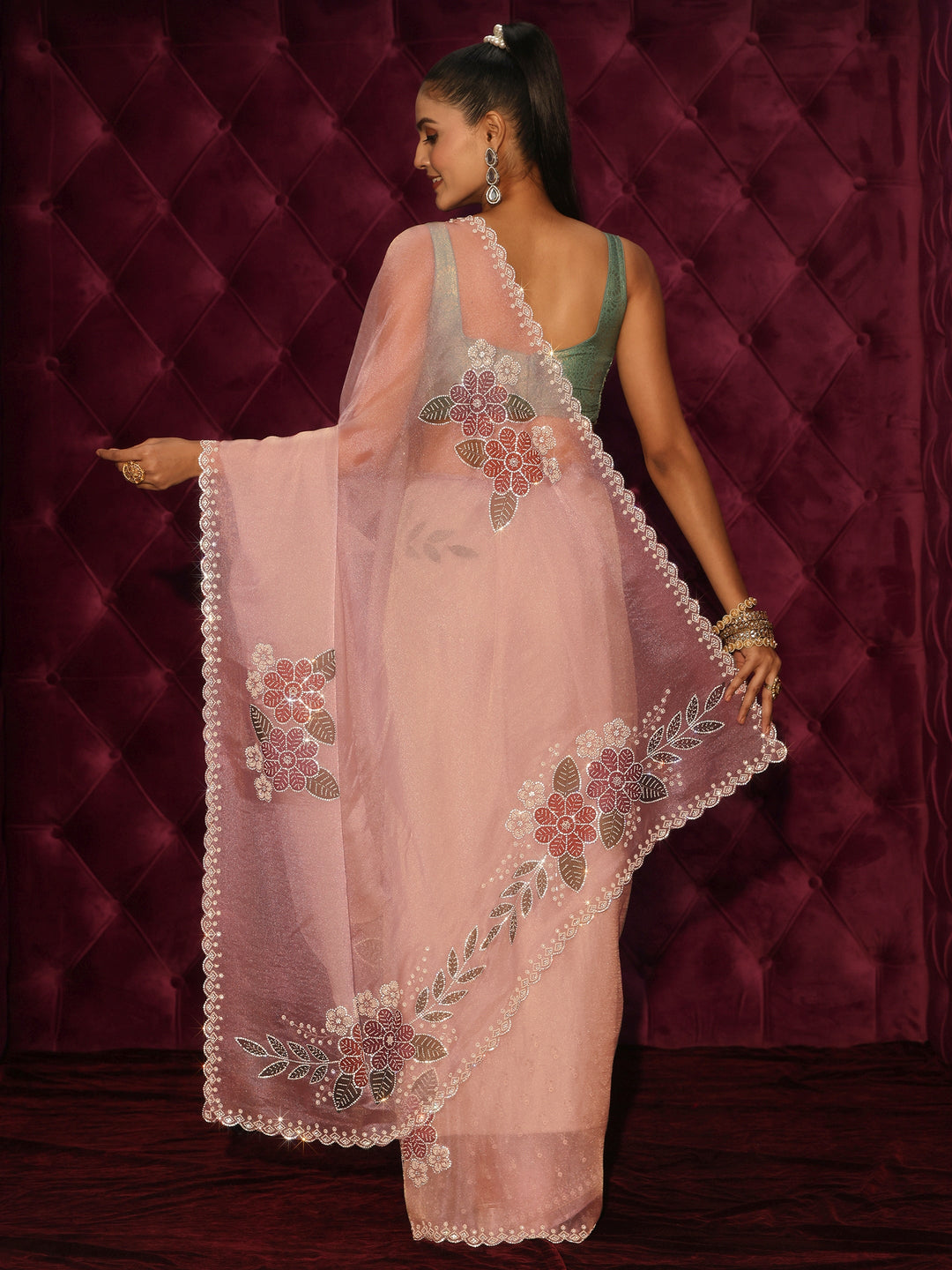 Libas Peach Floral Embellished Tissue Saree with Scalloped Border